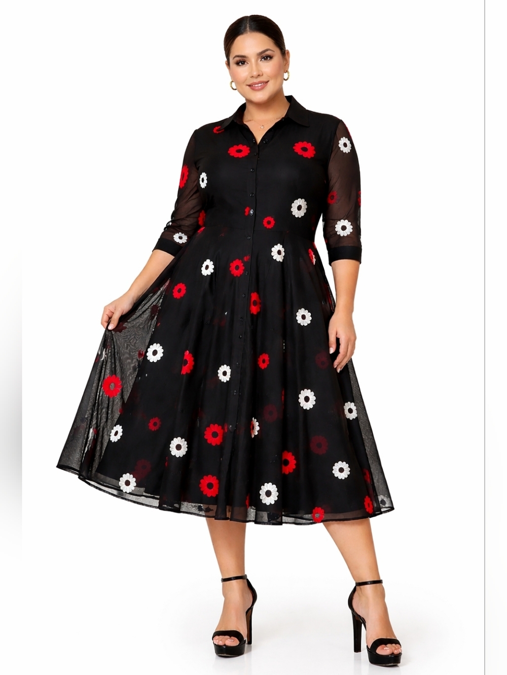 Terramina Black Floral Midi Dress Size 20 Sheer Sleeve